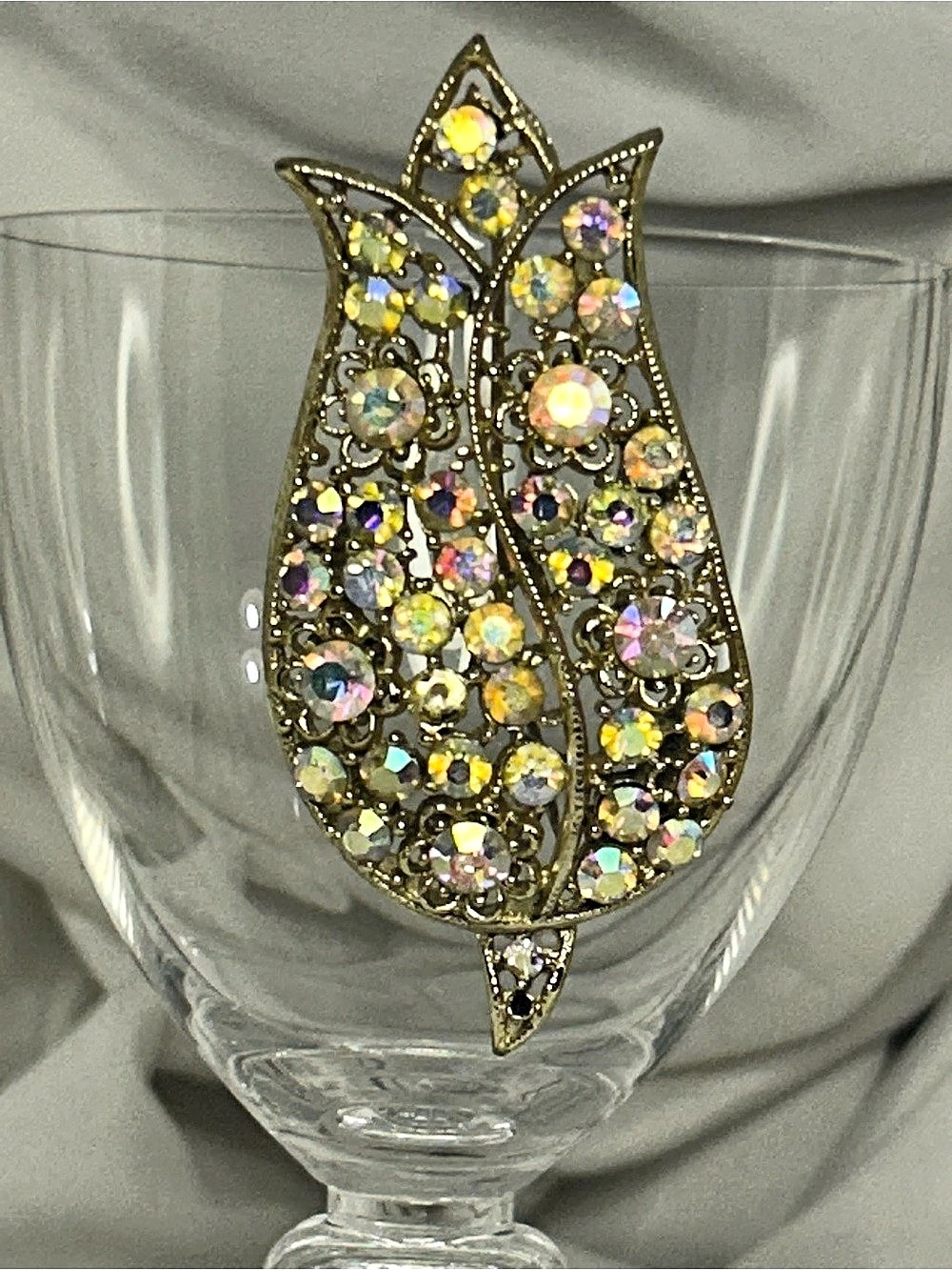 Mid Century Aurora Borealis Rhinestone Tulip Brooch